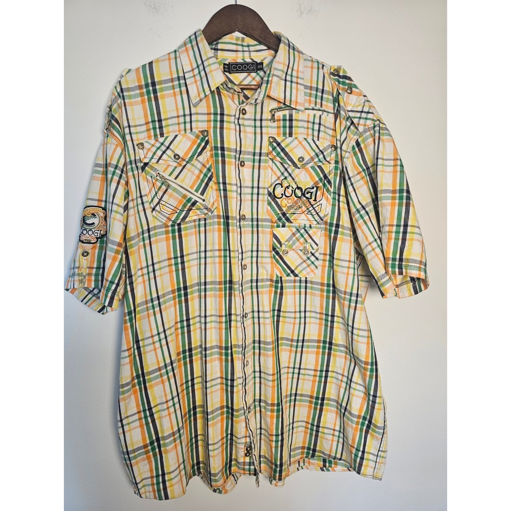 Streetwear COOGI Plaid Button Down Shirt Mens XXXL  Orange Green Embroidered